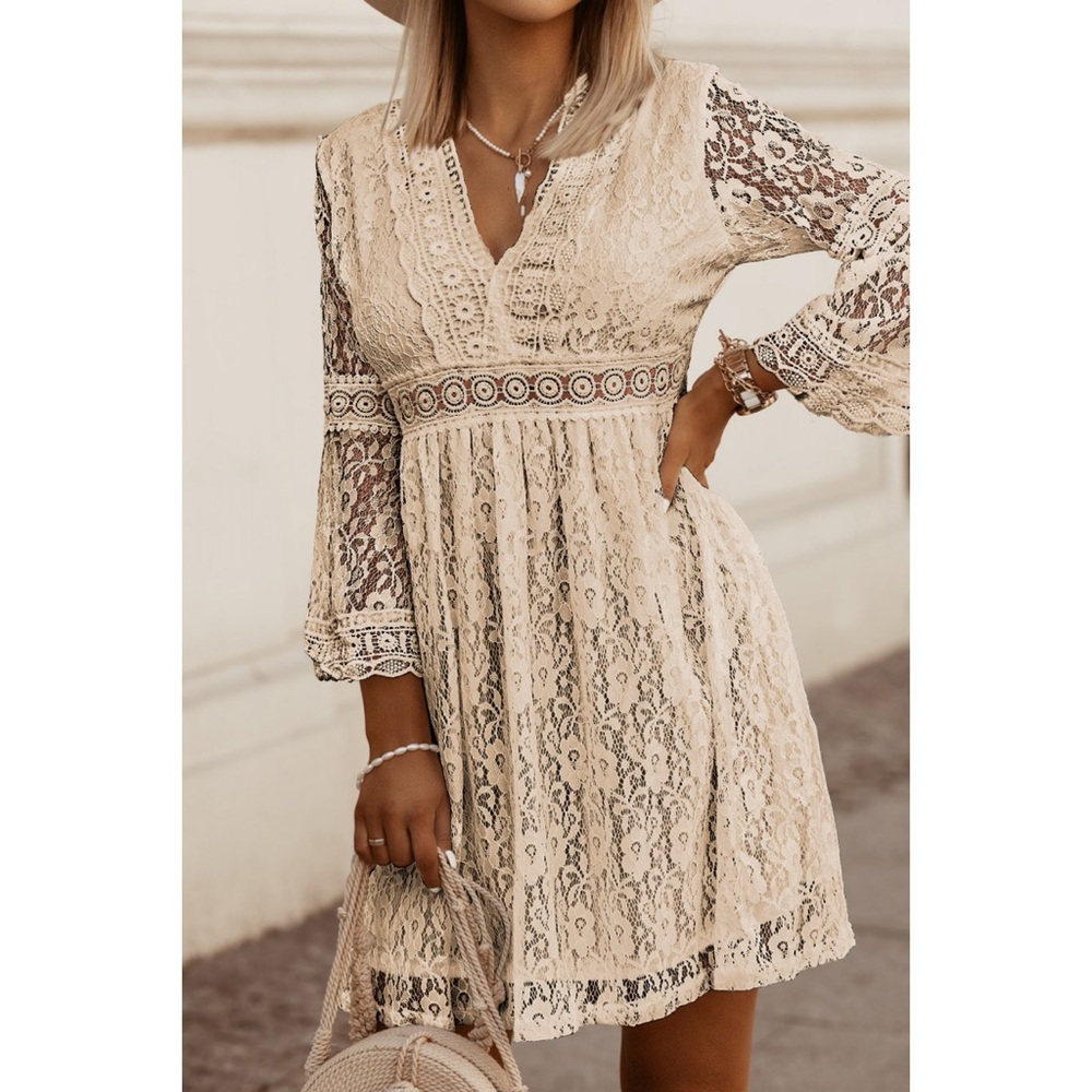 New Boho Lace V-Neck Three-Quarter Sleeve Mini Dress